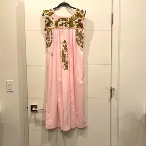 Mi Golondrina —baby pink, olive camo green 3/4 midi Flores Dress— New With Tags